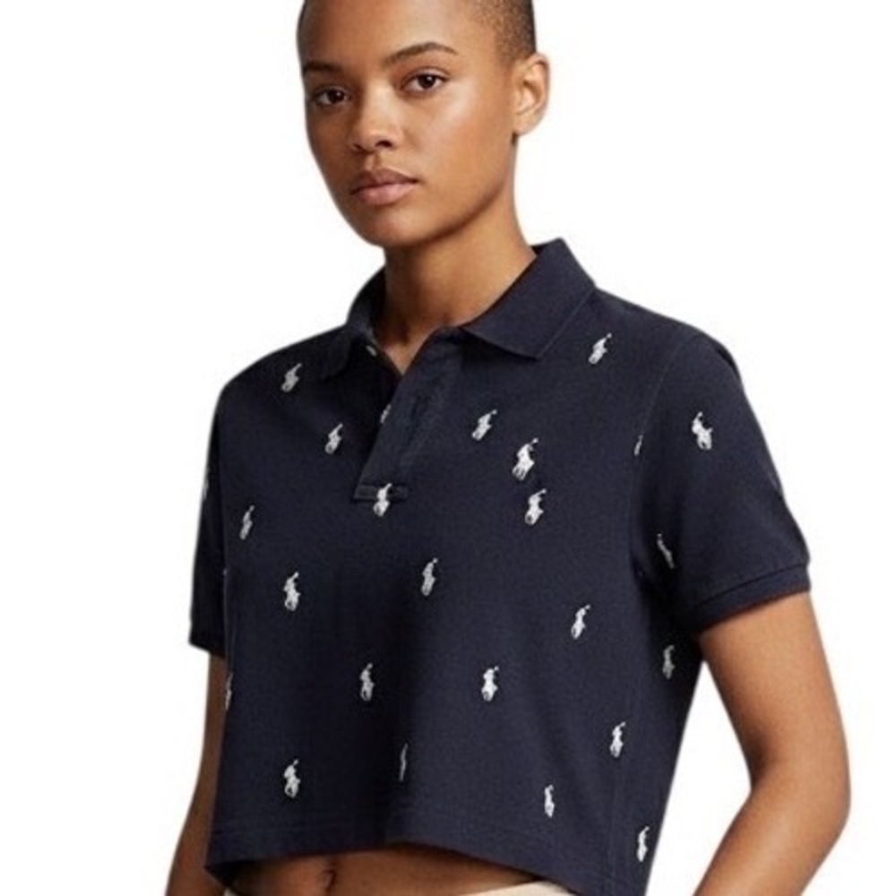 Ralph Lauren Cropped Polo Shirt Womens Medium Navy Pony Logo Preppy Tenniscore